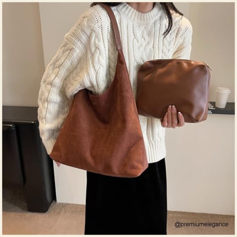 Faux Suede Hobo Shoulder Bag Slouchy Tote Work Everyday Purse - Picture 2 of 7